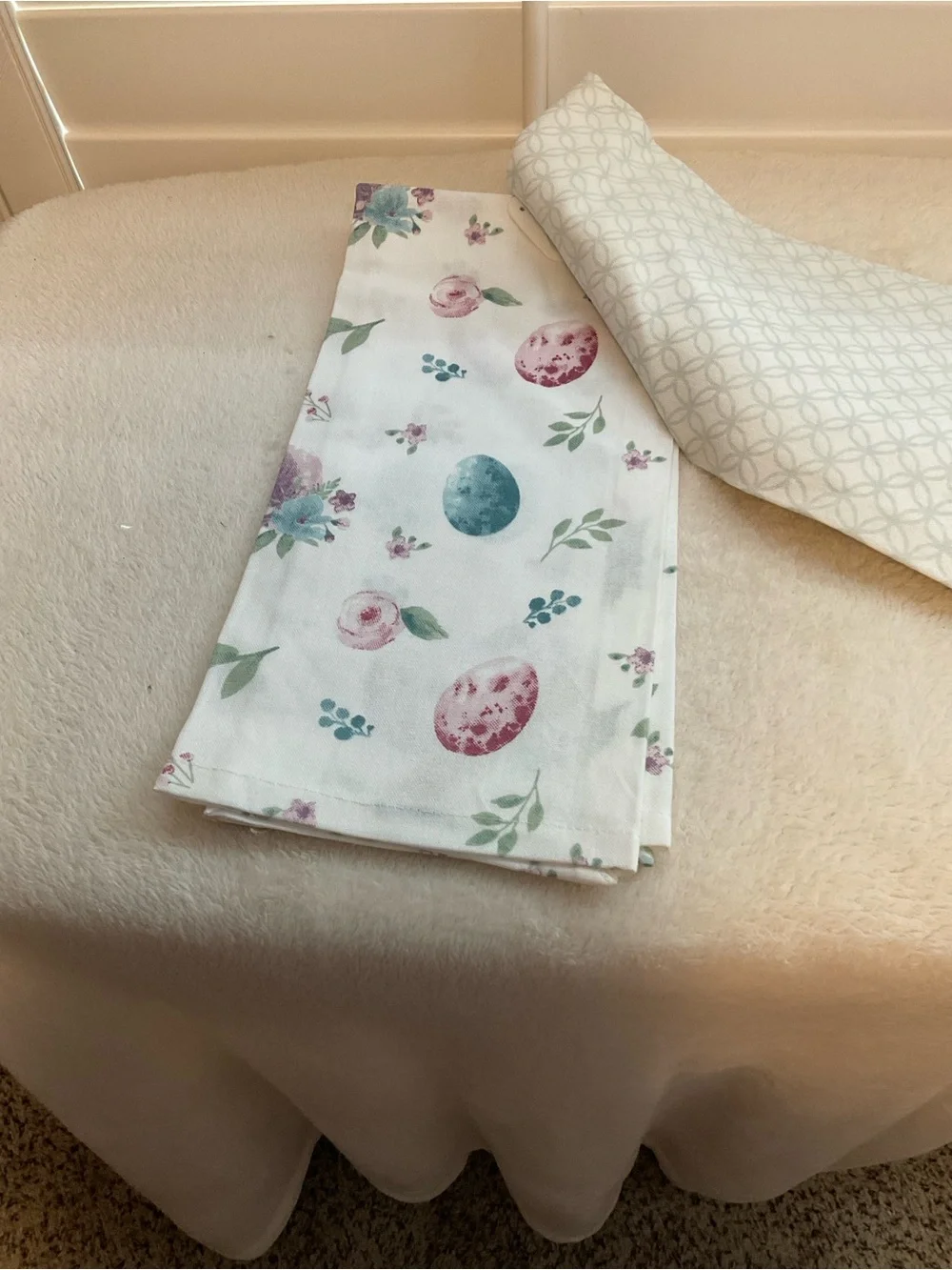 Isaac Mizrahi White Kitchen Towel with Mint Geometric and Floral Accents